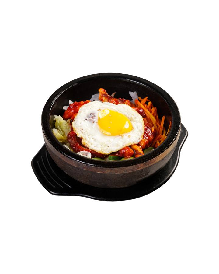 Bibimbap in a stone bowl on a white background, Chung Gi Wa