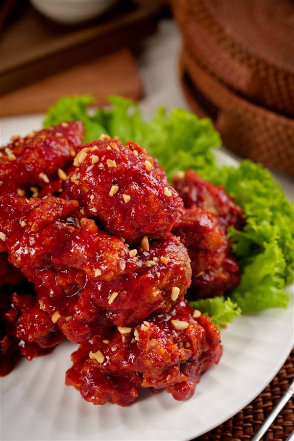 Korean yangnyeom fried chicken glazed in red sauce, Chung Gi Wa